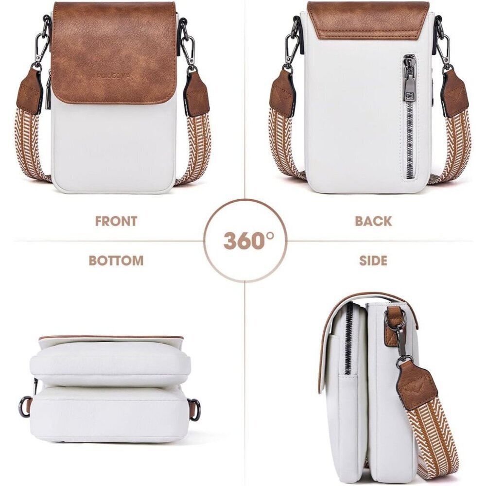 Womens A- Beige+brown Leather Purses Imported Magnetic Snap Crossbody Zipper Bag - Picture 3 of 6